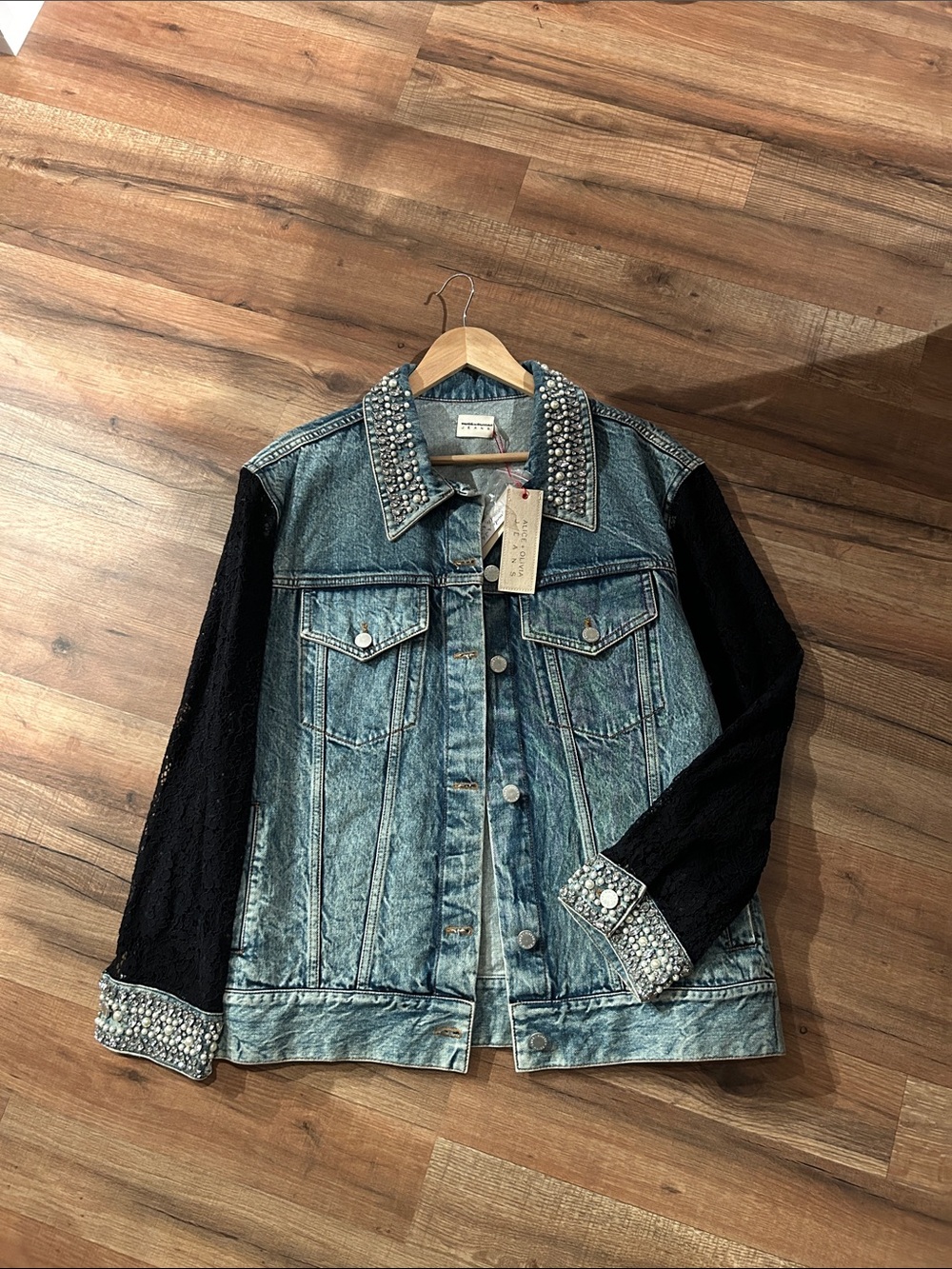 Alice + Olivia Blue Denim Jacket with Black Lace Sleeves and Crystal Trim - Picture 2 of 5